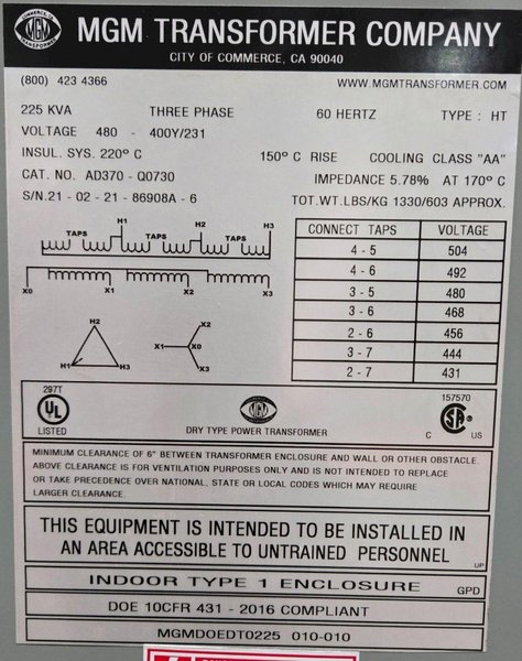 MGM AD370-Q0730 225 kVa Transformer 480V – 400Y/231V, 3-PH USED