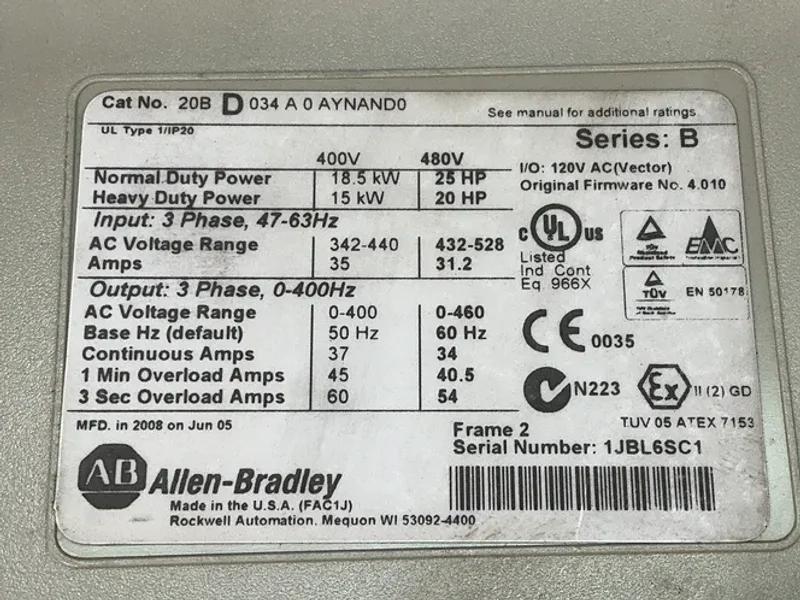 Allen-bradley 25hp Powerflex 700 Servo Drive - 20bd034a0aynand0