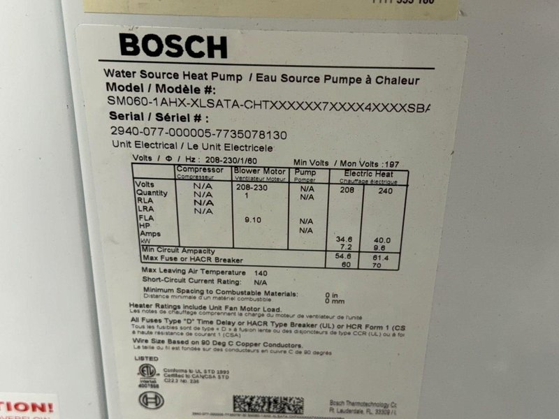 BOSCH WATER SOURCE HEAT PUMP   -  SM060-1AHX-XLSATA-CHTX
