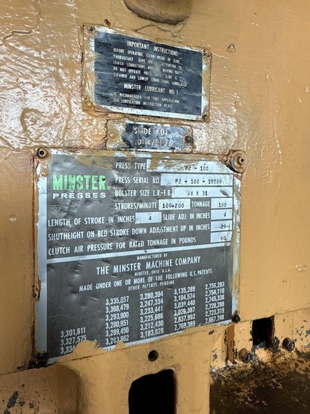 100 TON MINSTER P2-100-48 PIECE MAKER STRAIGHT SIDE HIGH SPEED PRESS. STOCK # 0773225