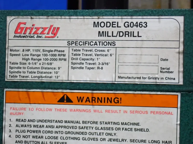 GRIZZLY INDUSTRIAL INC 6-1/4” X 21-5/8” VERTICAL MILL/DRILL  -  G0463