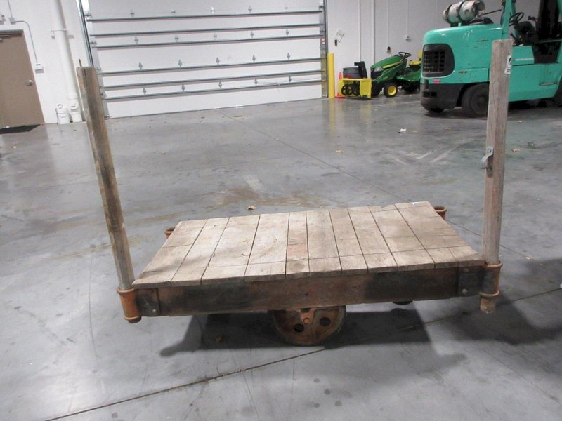 Antique Railroad Rolling Material Cart with Large Center Axle Wheel and Swivel Wheels, Hardwood Top, Hoffman Elect Stamping- Auction Item