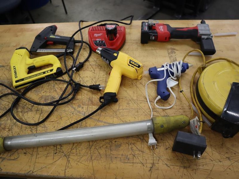 Milwuakee M12 Cordless Rivet Too., (2) Stanley Electric Staplers, Wagner Heat Gun, Extension Cord Reel, Glue Gun- Auction Item