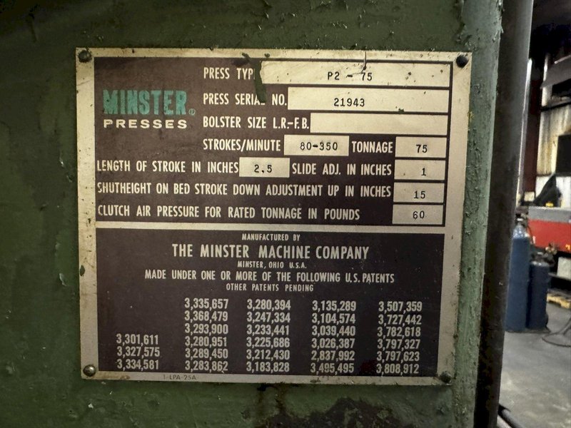75 TON MINSTER P2-75-42 PIECE MAKER STRAIGHT SIDE HIGH SPEED PRESS. STOCK # 0882925