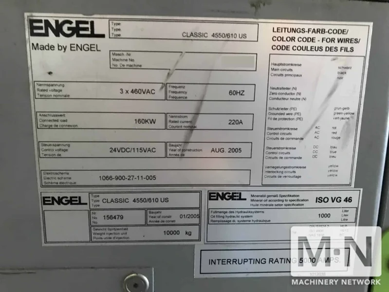 610 TON 105 OZ ENGEL MODEL CL4550/610 INJECTION MOLDER MFG 2005
