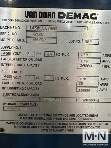 1430 TON 363 OZ VAN DORN MODEL 1430CC17000 INJECTION MOLDING MACHINE MFG 2002