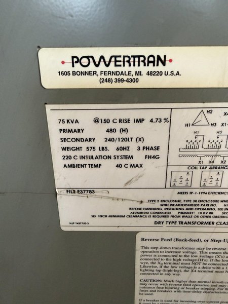 75 kVA POWERTRAN 36B STEP-DOWN TRANSFORMER. STOCK # 0541126