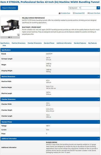 24&quot; X 16&quot; EASTEY MODEL #ETB2416 DUAL ZONE HEAT SHRINK TUNNEL MACHINE, NEW 2015: STOCK #20343