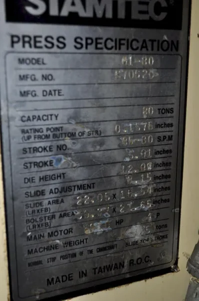 STAMTEC 88 TON GAP FRAME PRESS, S/N S70625, STOCK# 14172J