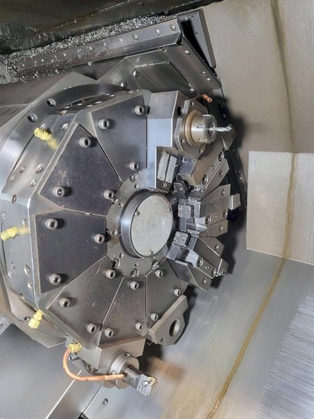 FUJI TNW-35TR 6-AXIS TWIN SPINDLE LIVE TOOL LATHE W/ GANTRY LOADER, 2007- Twin Turrets, 8″ Chucks x2