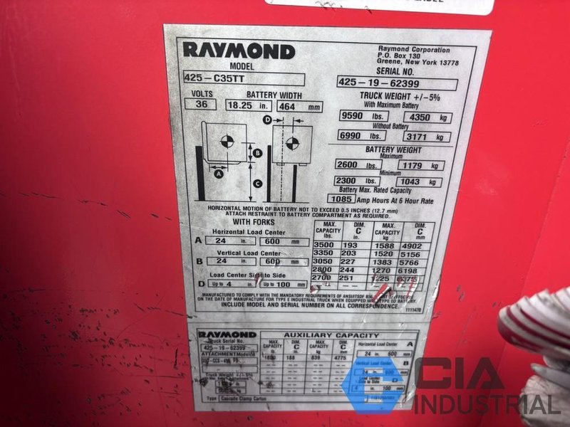 2019 - 3,500 LB. RAYMOND MODEL 425-C35TT STAND-UP ELECTRIC FORKLIFT