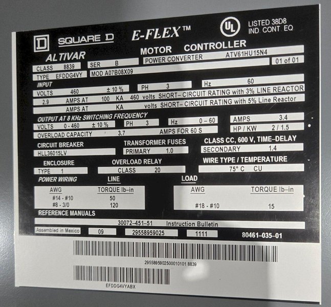 SQUARE D ALTIVAR CLASS 8839 EFDDG4VT E-FLEX VARIABLE SPEED DRIVE 460V C USED