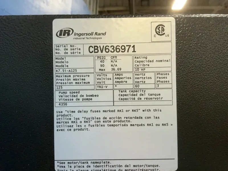 Ingersoll Rand  10 Hp Air Compressor  - R7.5i-a125