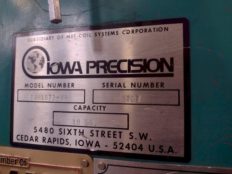 72" X 18 GA IOWA PRECISION MODEL WHISPER-LOC HYDRAULIC PITTSBURG SEAM CLOSURE MACHINE: STOCK #17509