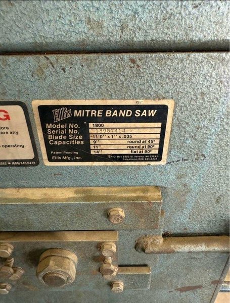 1 - PREOWNED ELLIS MITRE BANDSAW, MODEL #: 1800, S/N: 18987414