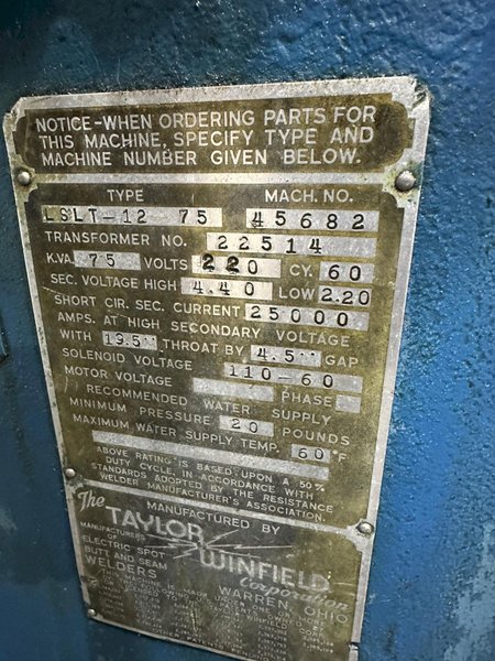 75 KVA TAYLOR WINFIELD SEAM WELDER: STOCK #78768