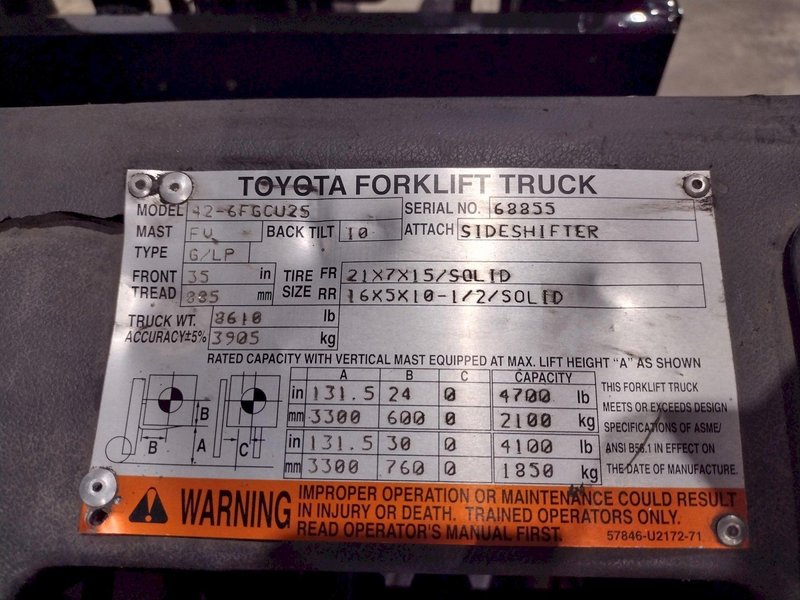 4,700 LBS TOYOTA MODEL #42-6FGCU25 LP GAS FORKLIFT: STOCK #23743