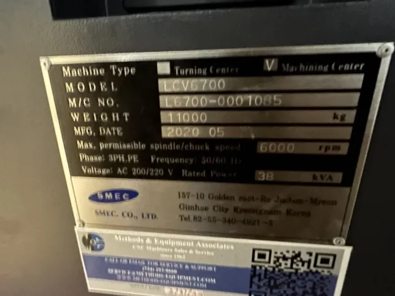 SMEC LCV6700 CNC Vertical Machining Center 2020’ 50 Taper #8148