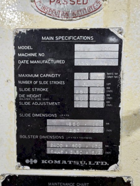 220 TON KOMATSU MODEL #OBW200 GAP FRAME PRESS 9.8" STROKE: YOBRO #24929