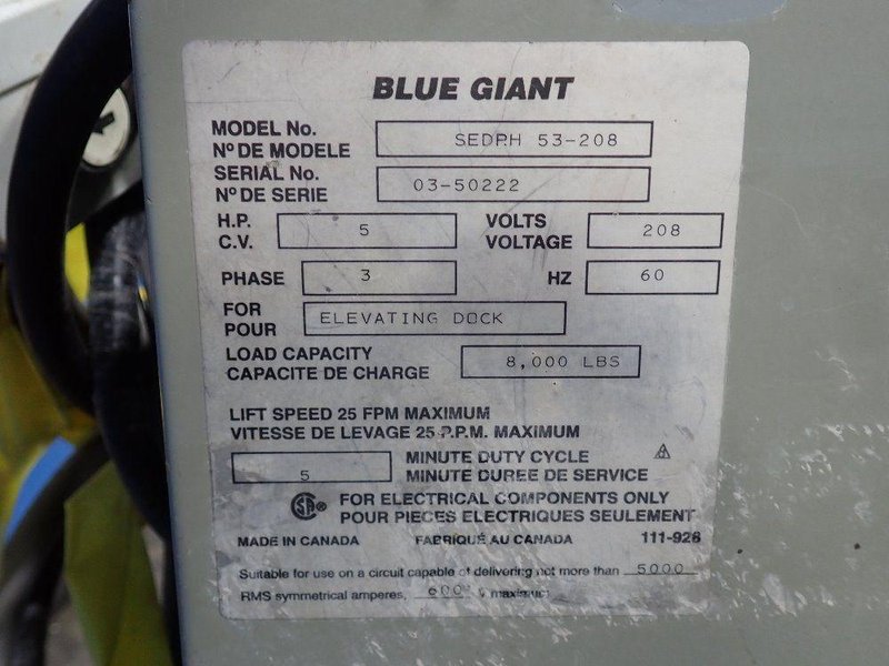8,000 LBS X 108" X 84" BLUE GIANT MODEL #SEDPH 53-208 HYDRAULIC LIFT TABLE / ELEVATING DOCK: STOCK #22330