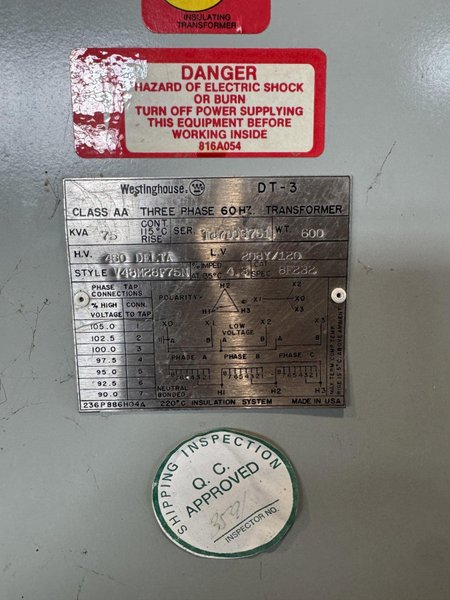 75 kVA WESTINGHOUSE TRANSFORMER. STOCK # 0672625