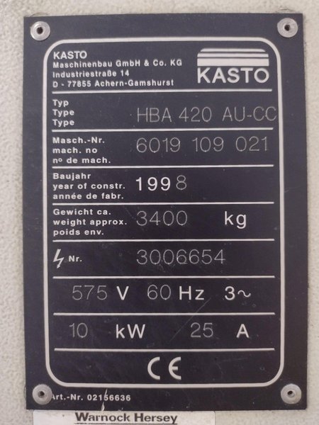 16" X 16" KASTO HBA-420 AUTOMATIC DUAL POST HORIZONTAL BANDSAW: STOCK #10616