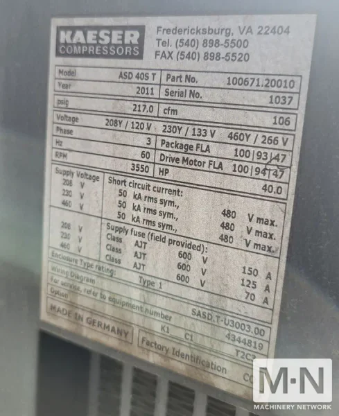 40 HP Kaeser ASD 40S T Rotary Screw Air Compressor, 2011