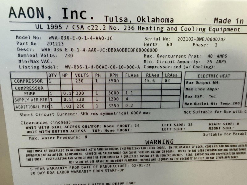 AAON DANDELION HEAT PUMP  -  WVA-036-E-0-1-4-AA0-JC