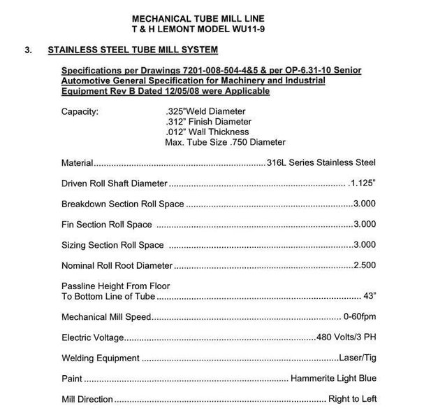 3/8&quot; T&amp;H LEMONT MODEL #WU11-9 STAINLESS TUBE MILL : YOBRO #24545