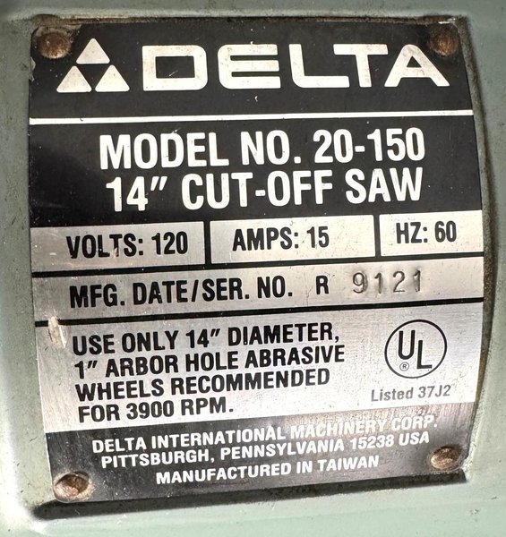 14" Delta Abrasive Cut-Off Saw Model 20-150, Stand, 1 Phase