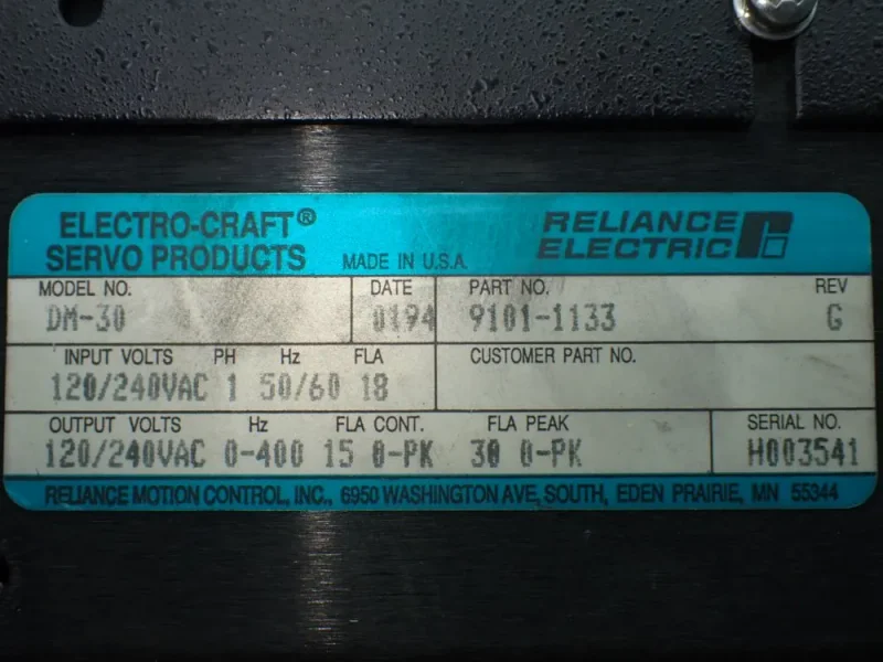 RELIANCE ELECTRIC ELECTRO-CRAFT BRU-200 BRUSHLESS SERVO DRIVE  -  9101-1133