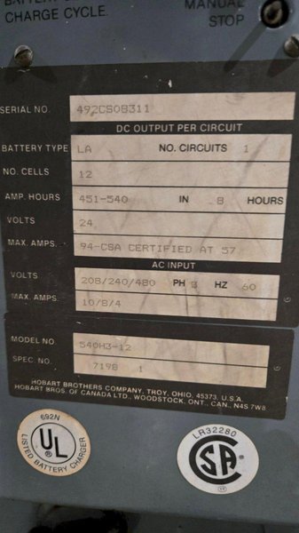 HOBART 540H3-12 12-Cell 24 V Battery Charger USED