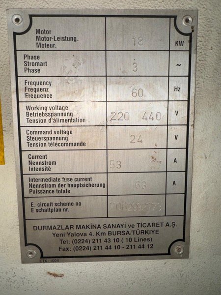 220 TON X 12' DURMAZALAR/FINELINE HAP37200 CNC PRESS BRAKE. STOCK # 0342525