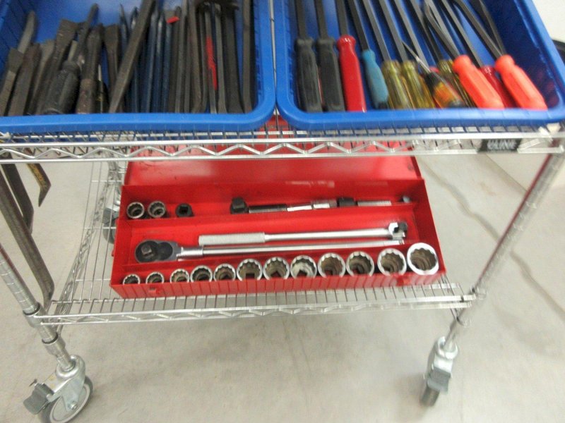 Hand Tools, Large Assortment including 3/4" Drive Socket Set, Pry Bars, Files, Punches and MORE on 4-Shelf Uline 36" x 24" x 78" Metal Wire Rolling Cart- Auction Item