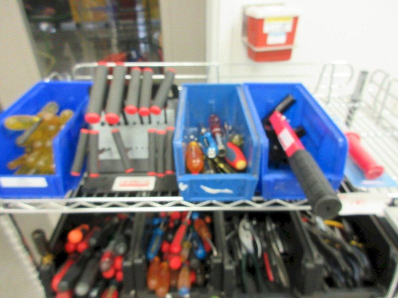 Hand Tools, Large Assortment including Screw Drivers, Pliers, Channel Locks, Vise Grips and MORE on Uline 4-Shelf 36" x 18" x 60" Metal Wire Rolling Cart- Auction Item