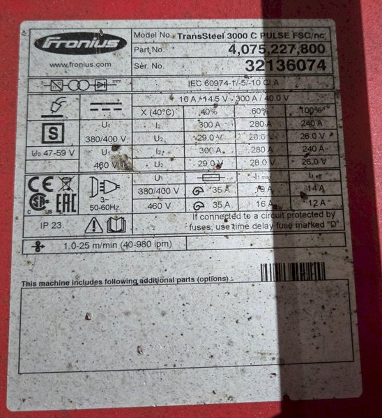 FRONIUS TransSteel 3000 C PULSE FSC/NC WELDER USED