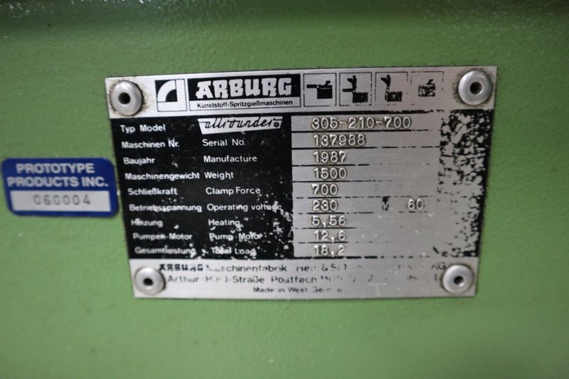 Arburg Allrounder Model 305-210-700 Hydraulic Plastic Injection Molding Machine with 1/2 ton Jib Crane and Electric Hoist- Auction Item