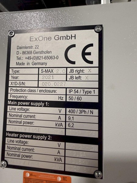 2021 ExOne type S-MaX 2.0 furan sand printer s/n 020.0227, rated at 400 volt, with traveling table type JB s/n 401.0342, sand transporter typeSC s/n 408.0687, 1800 x 1000 x 700 mm build box, up to 125/l/h per hour, S-Max pro software and controls
