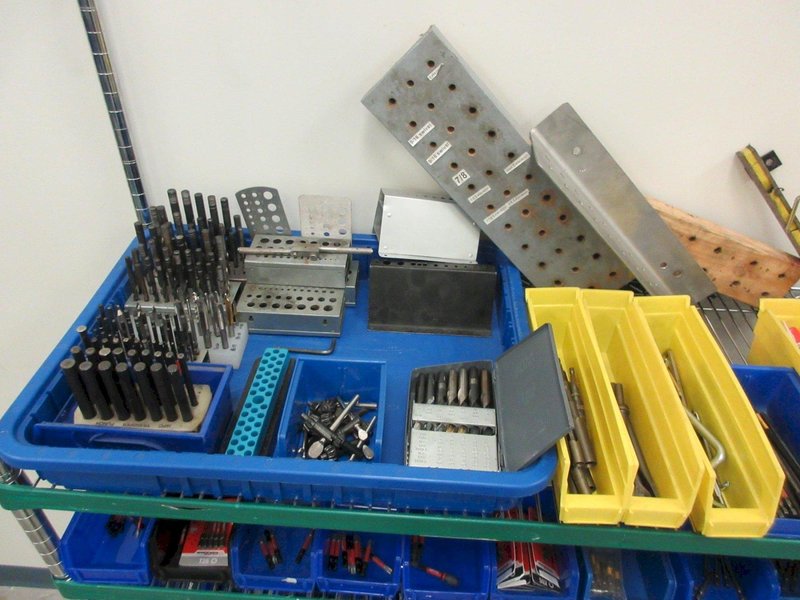 Perishable Tool, Large Assortment including Screw Gun Drill Tips, Taps, Drills, Sawzall Blades and MORE on 6-Shelf 60" x 18" x 78" Metal Wire Rolling Cart- Auction Item