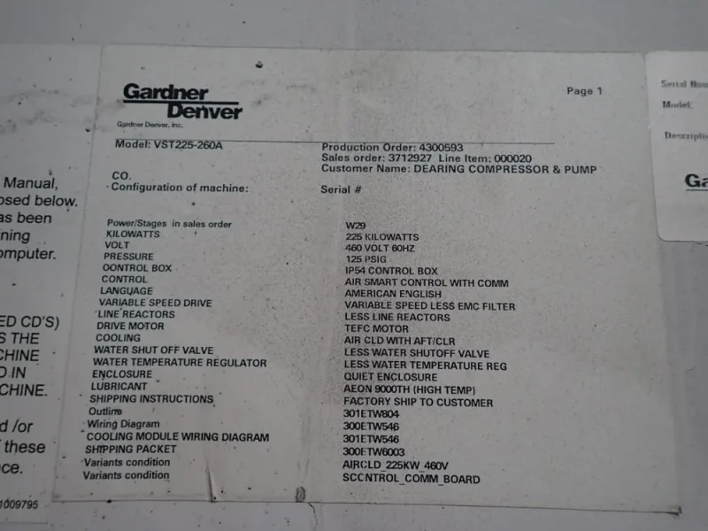 GARDNER DENVER 225 KW AIR COMPRESSOR   -  VSI225-260A
