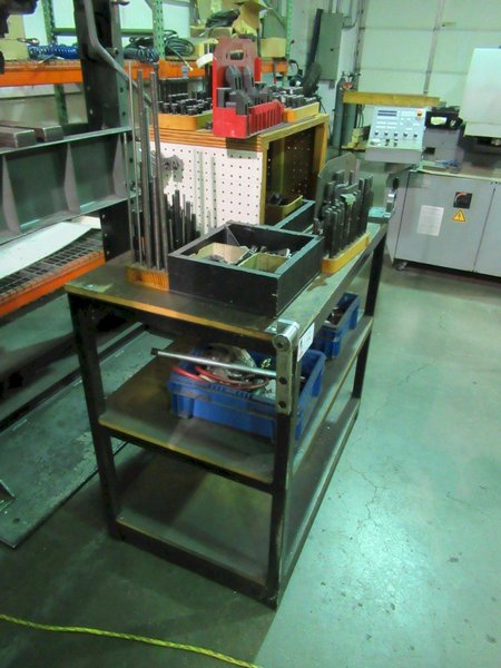 Metal Frame Workbench with Wood Top, (2) Shelves and Contents- Auction Item