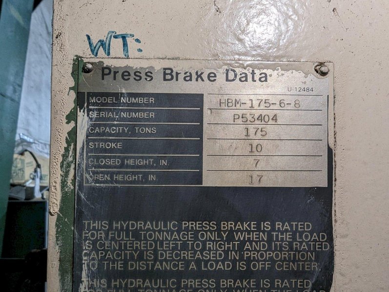 175 TON X 8' NIAGARA MODEL #HBM-175-6-8 FLANGED BED HYDRAULIC PRESS BRAKE: STOCK #20548