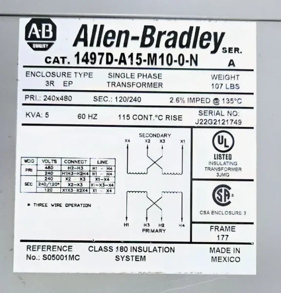 ALLEN BRADLEY 1479D-A15-M10-0-N SINGLE PHASE TRANSFORMER NEW