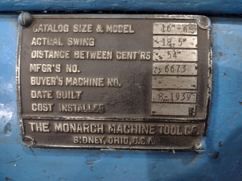 18" X 54" MONARCH MODEL #16W ENGINE LATHE: STOCK #22568