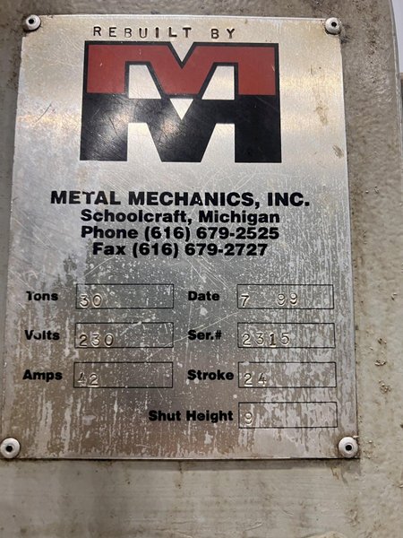 30 TON METAL MECHANICS 4 POST HYDRAULIC FORMING PRESS , 24" STROKE, NEW1999: STOCK #21949