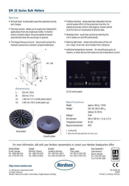 NORDSON MODEL #BM-20 RESIN TRANSFER &amp; ADHESIVE  GLUE MELTING SUPPLY SYSTEM: STOCK #21052