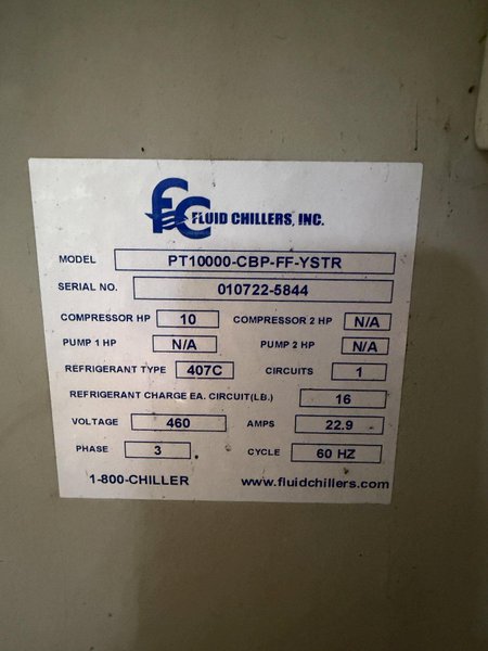 10 HP FLUID CHILLERPT1000-CBP-FF-YSTR CHILLER UNIT(NEW IN 2021). STOCK # 0549126