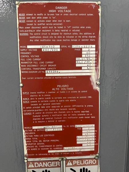 165 TON AIDA MODEL #NC1-150 GAP FRAME SINGLE CRANK PRESS