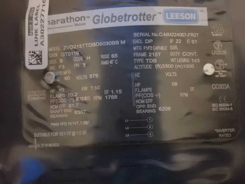 MARATHON MOTORS 10 HP MOTOR  -  215TTDBD6030