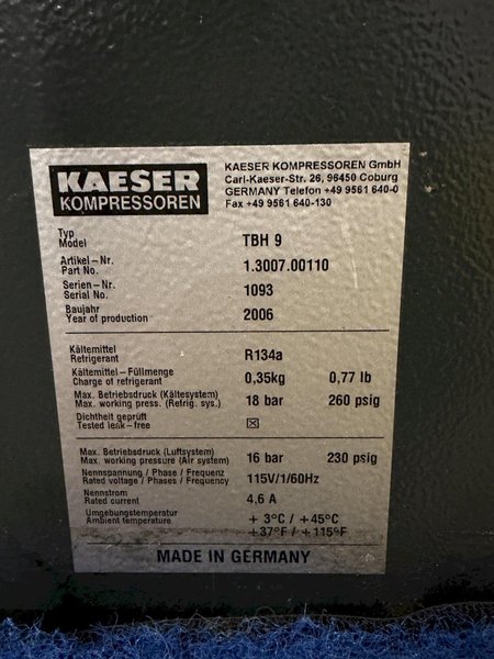 7.5 HP KAISER MODEL#SX7 AIR COMPRESSOR, TBH9 DRYER &amp; TANK 2006: YOBRO #24737